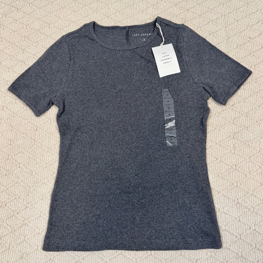 Free Assembly Womens Grey Ribbed Short Sleeve Organic Cotton Top M WKT00115H